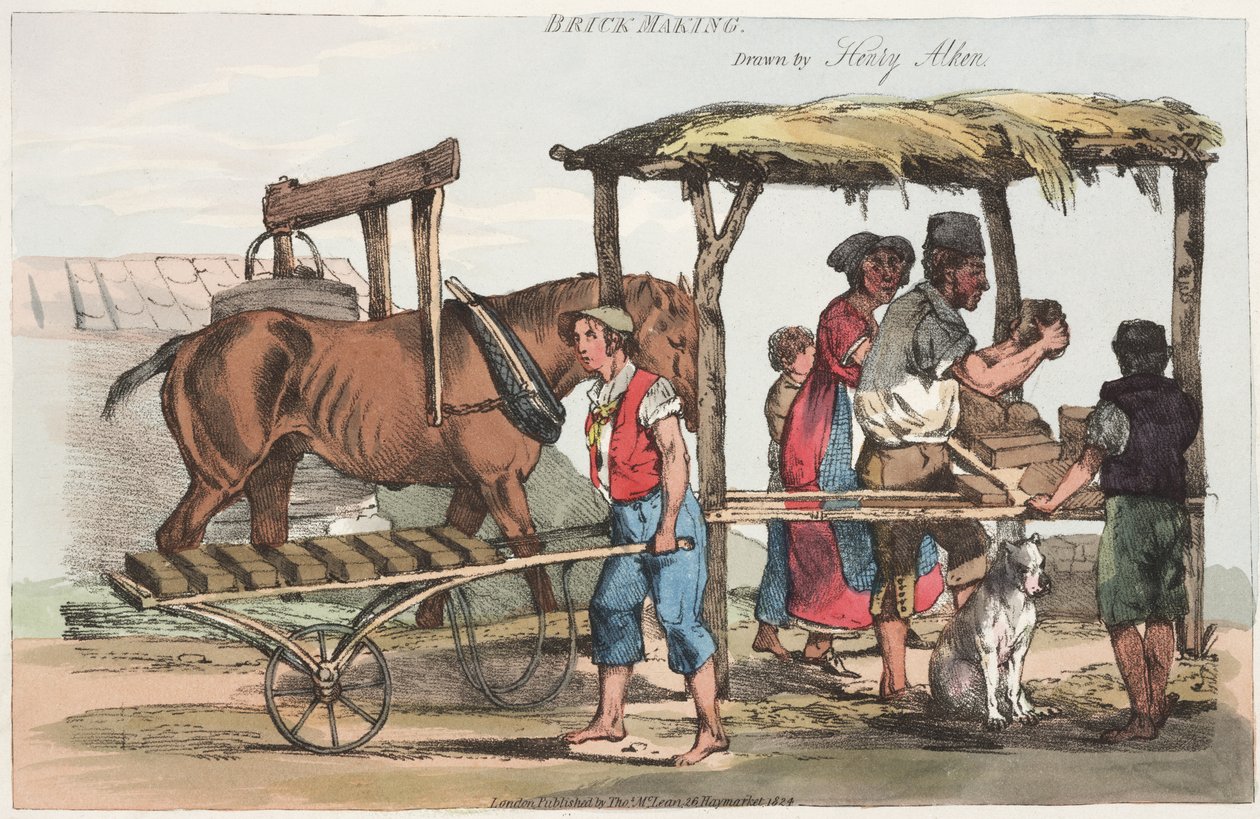 Téglakészítés, Thomas Mclean, Haymarket, 1824 (színezett rézkarc) alkotó: Henry Thomas Alken