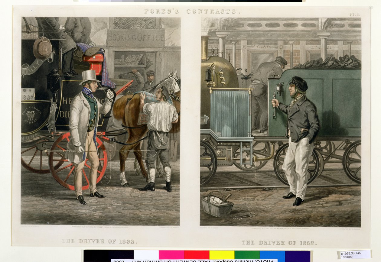 Fore kontrasztjai: Az 1832-es sofőr, az 1852-es sofőr, vésette John Harris (1811-65) 1852 (kézzel színezett akvatinta) alkotó: Henry Thomas Alken