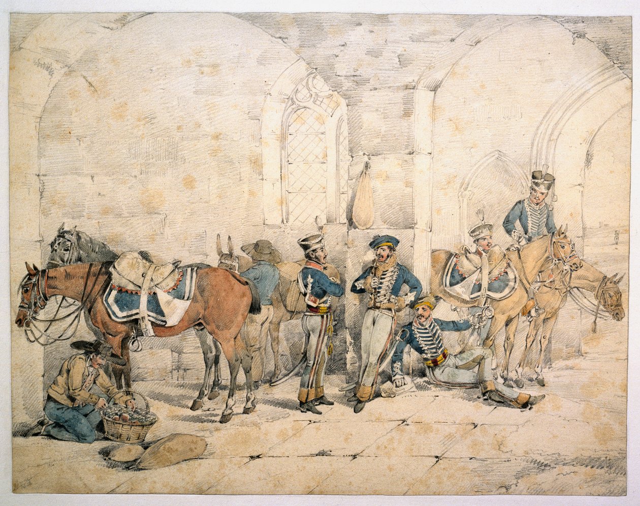 Huszárok a félszigeten, esetleg 1. huszárok, Német Királyi Légió, 1808 körül alkotó: Henry Thomas Alken