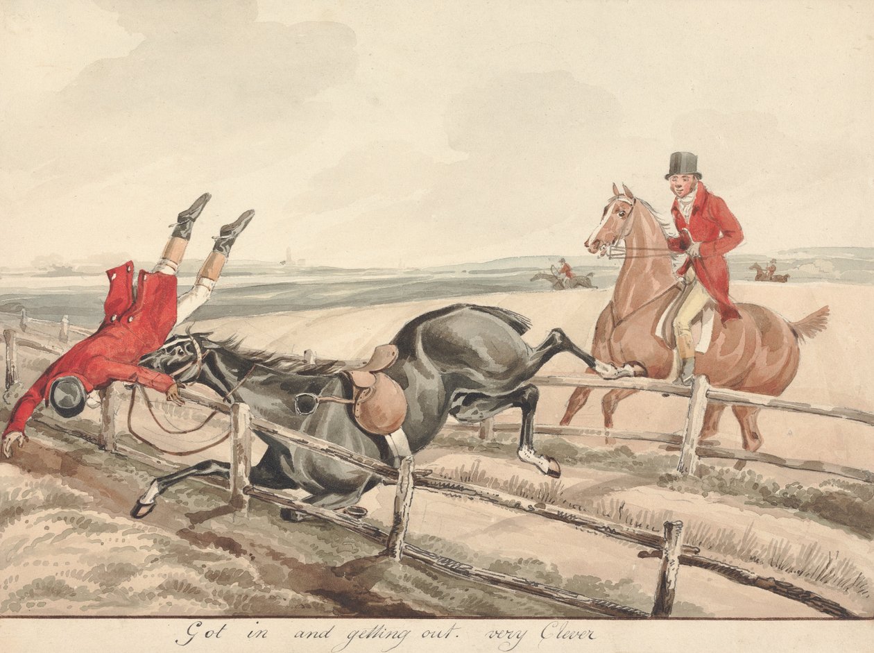 „Képzett lovak és képzetlen lovasok: ‚Bement és kijött. Nagyon ügyes‘” alkotó: Henry Thomas Alken