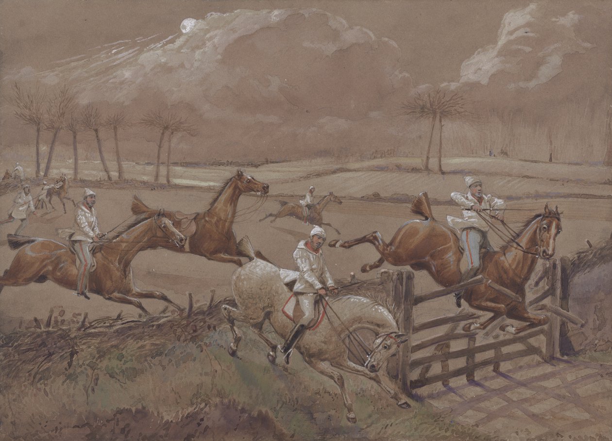 The Last Field near Nacton Heath, 3. lemez, The First Steeple Chase on Record, metszett J. Harris, nyomta Ackermann, London 1839-ben (színes akvatinta) alkotó: Henry Thomas Alken