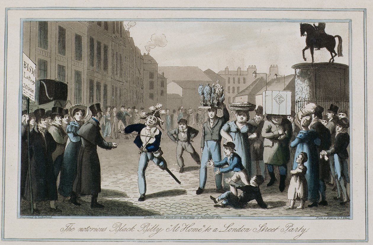 A hírhedt fekete Billy „At Home” egy londoni utcai partira, Thomas Sutherland (sz. 1785) metszet, 1823 (színes rézkarc) alkotó: Henry Thomas Alken