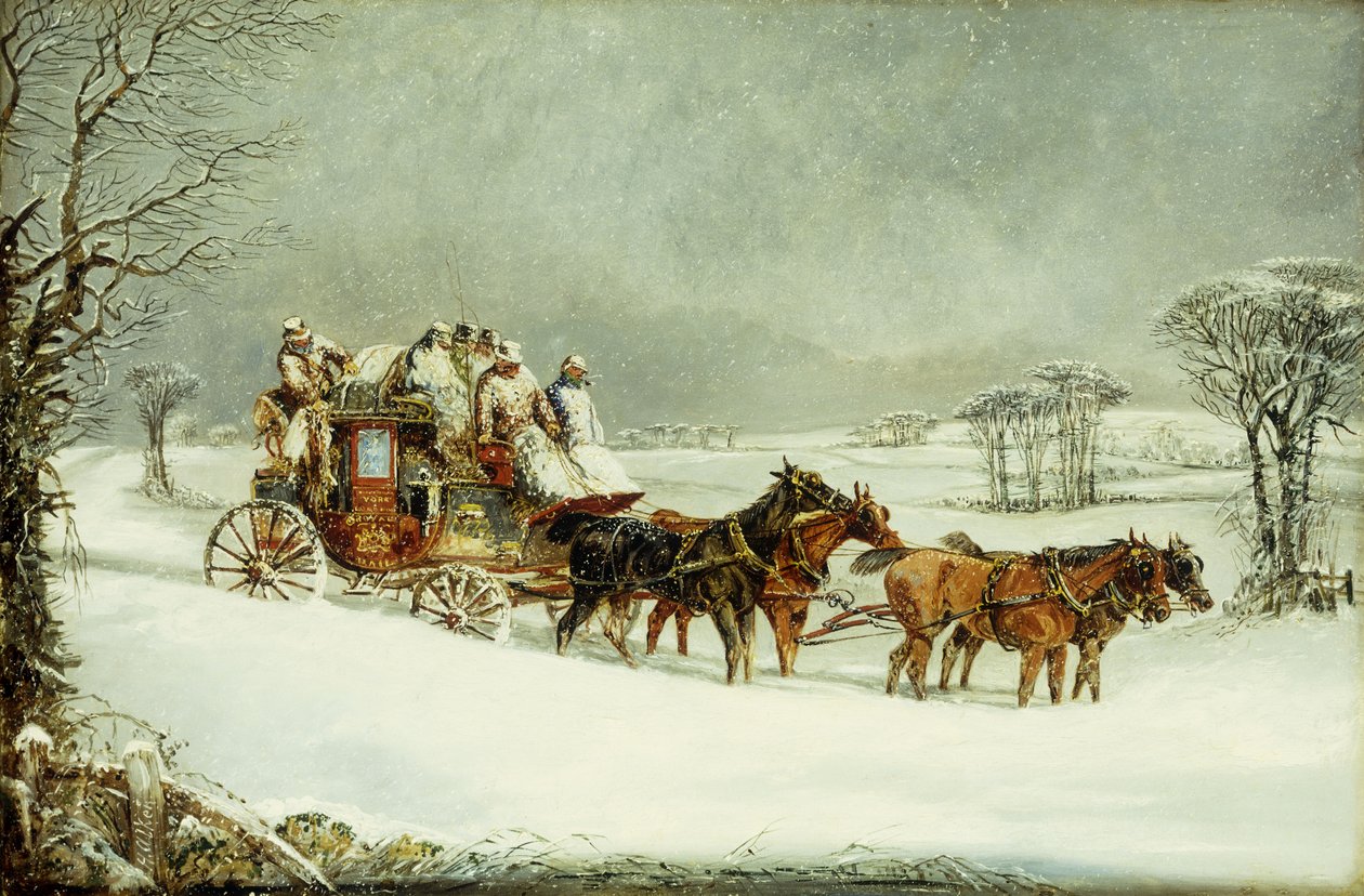 A York-London Royal Mail az Open Roadon télen, alkotó: Henry Thomas Alken