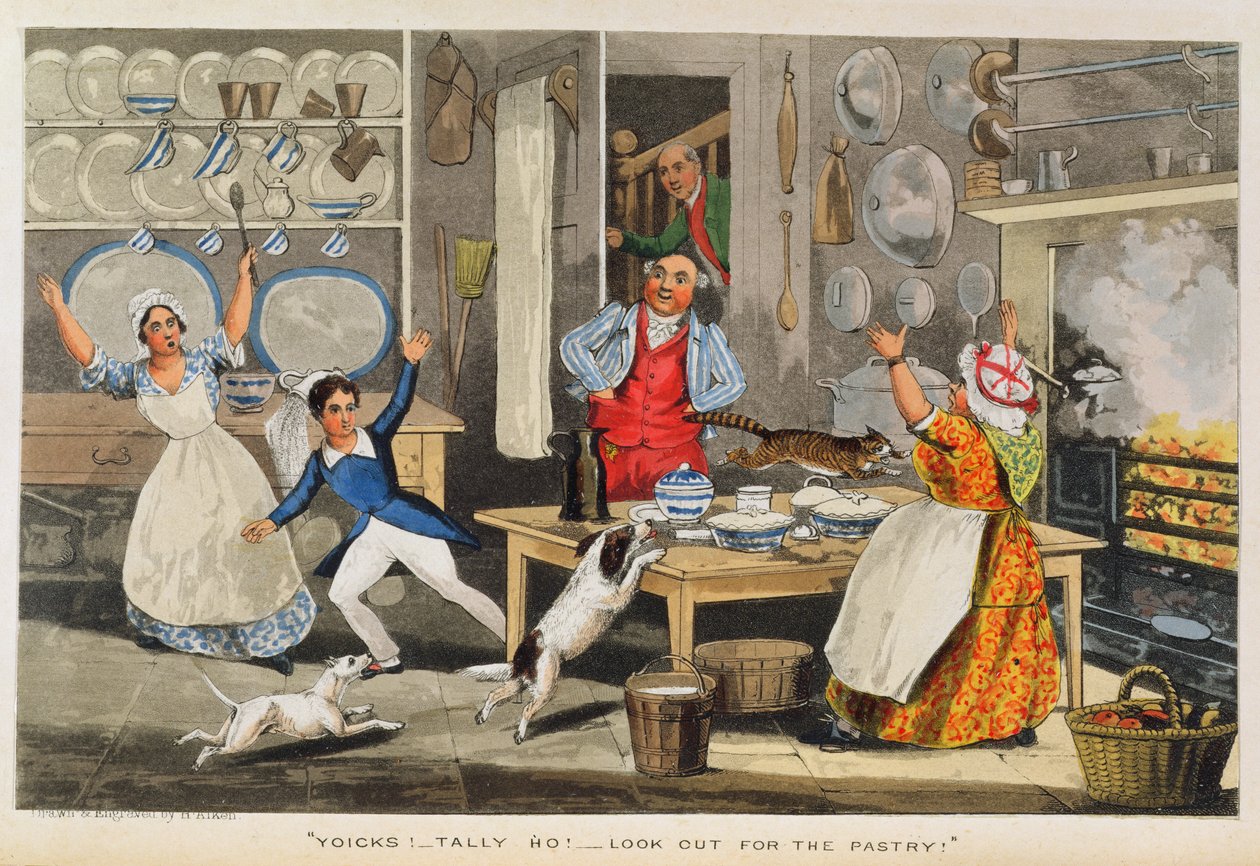 Yoicks!... Tally Ho!...Vigyázz a süteményre!, Nimród "Egy sportoló élete" című művéből, 1874 (kézzel színezett metszet) alkotó: Henry Thomas Alken