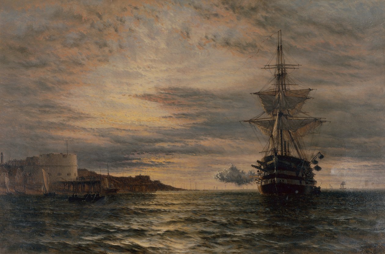 Reggeli tisztelgés a HMS St Vincenttől a Portsmouth mellett (olaj) alkotó: Henry Thomas Dawson
