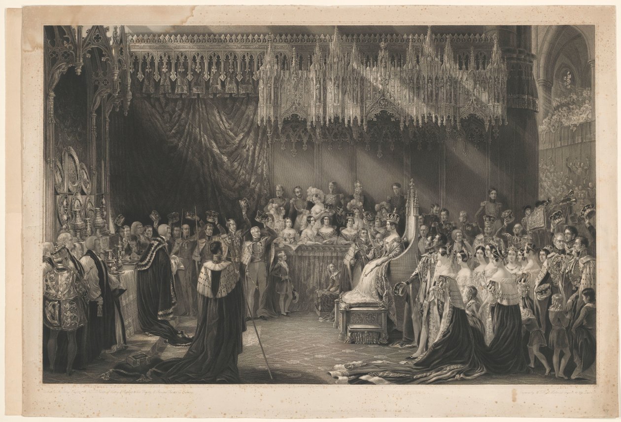Viktória angol királynő megkoronázása. George Hayternek, Graves és Warmsby címére. Fametszet vázlat és jelmagyarázat mellékelve alkotó: Henry Thomas Ryall