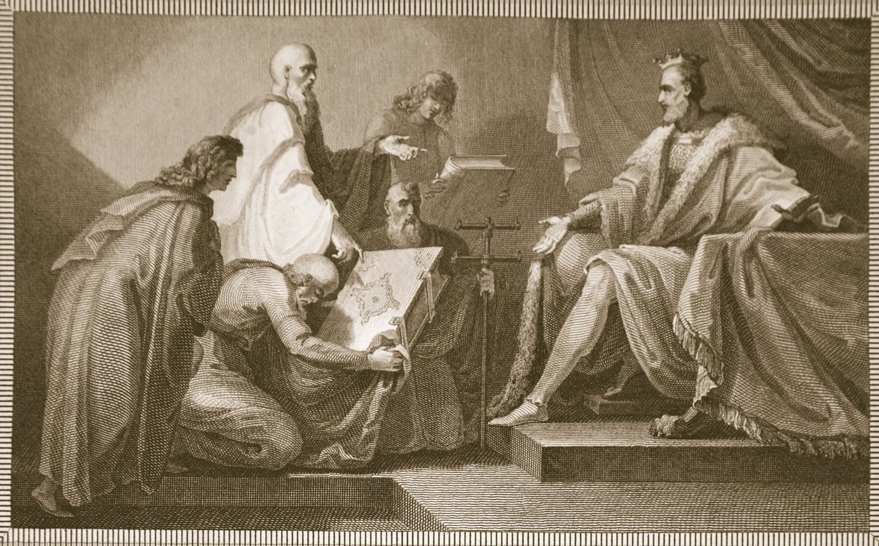 I. Vilmosnak ajándékozott ítéletnapi könyv, J. Fittler metszete, illusztráció David Hume "The History of England" című művéből, kiadta R. Bowyer, London, 1812. alkotó: Henry Tresham