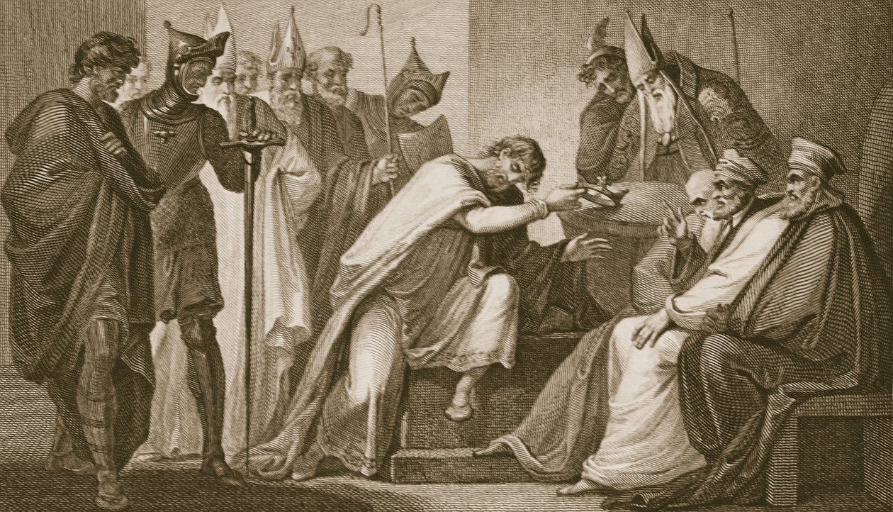 II. Edward lemond a koronájáról, Schiavonelli metszet, illusztráció David Hume „Anglia története” című kocsmájából. R. Bowyer, London, 1812 alkotó: Henry Tresham