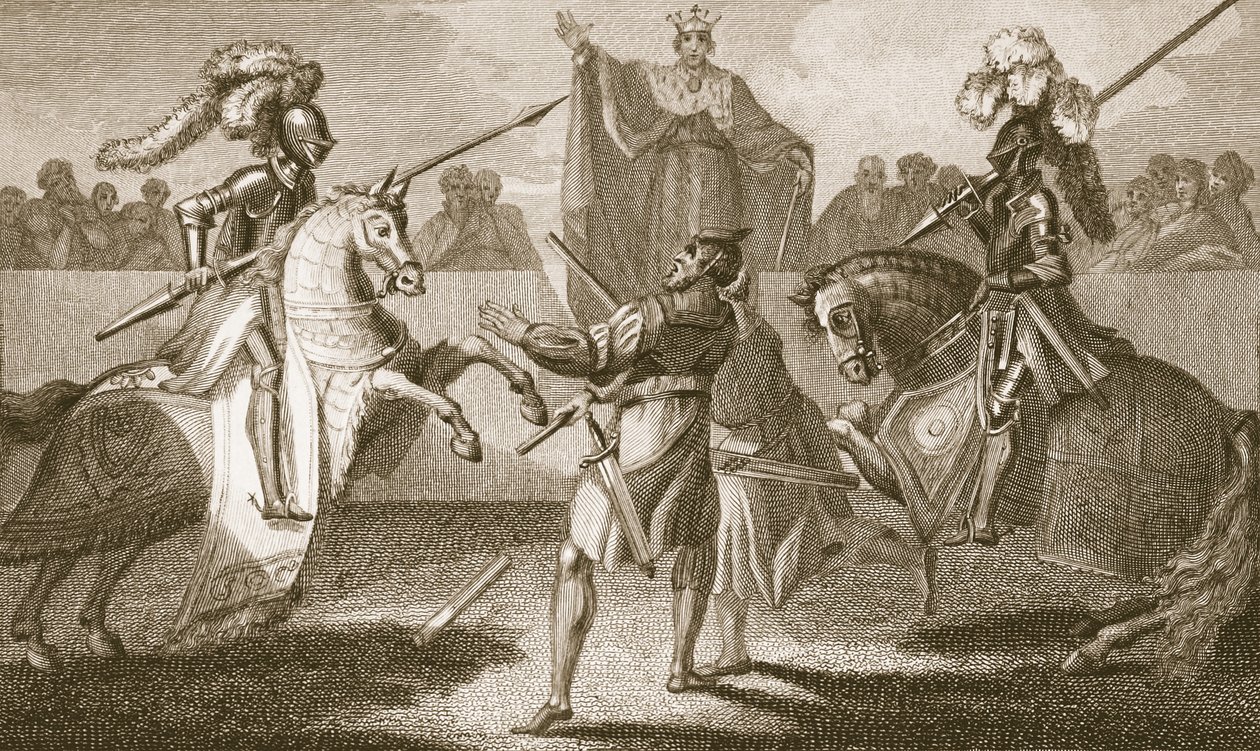 II. Richard felfüggeszti a Hereford és Norfolk párbajt, illusztráció David Hume „Anglia története” című kocsmájából. R. Bowyer, London, 1812 alkotó: Henry Tresham