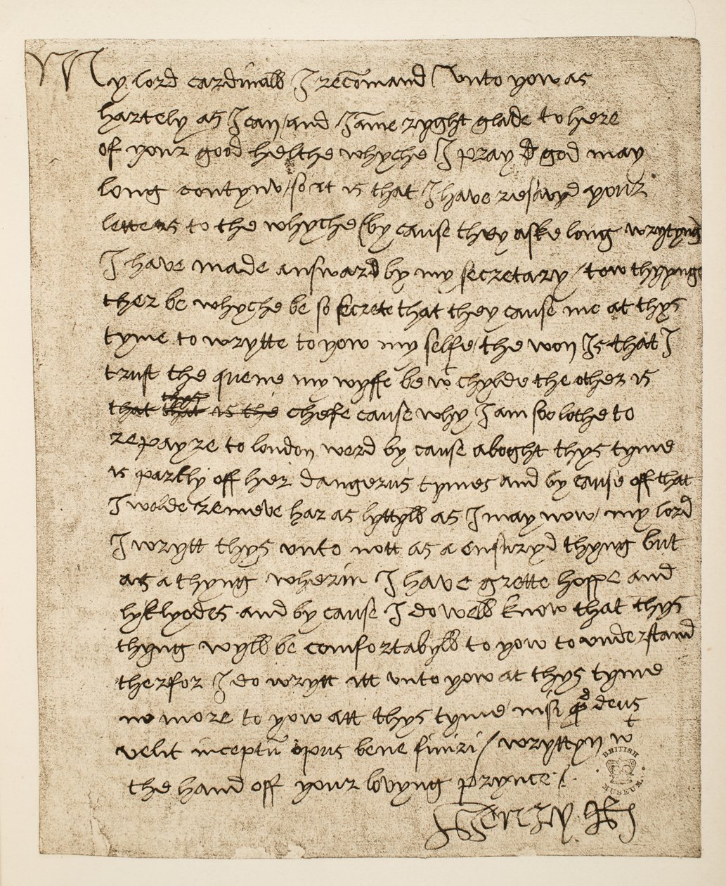 VIII. Henrik Wolsey bíboroshoz írt, 1518 júliusában kelt levelének fakszimiléje, pub. 1902 (kollotípia) alkotó: Henry VIII