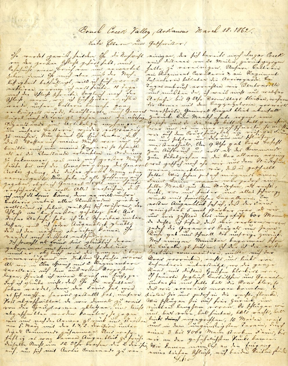 Henry [Henry Voelkner], Brush Creek Valley, Arkansas aláírt levele szüleinek, testvéreinek és nővéreinek, 1862. március 18. alkotó: Henry Voelkner