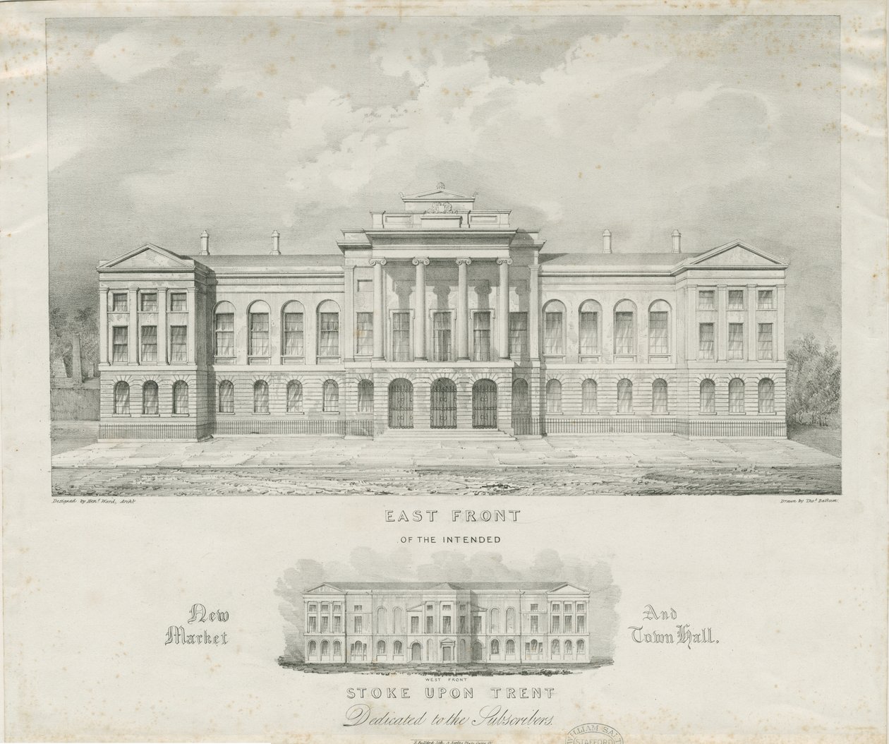 Stoke-upon-Trent – Tervezett új piac és városháza: litográfia, nd [c 1834] alkotó: Henry Ward