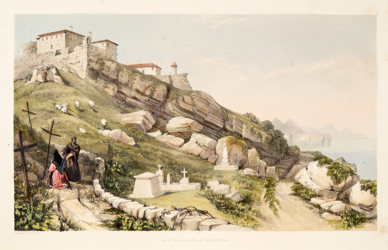 Brit tisztek temetkezési helye a San Sebastian-i kastélydombon, a Spanyolország baszk tartományainak díszletrajzaiból, válogatott nemzeti zenével ?, kocsma. 1838 (kézzel színezett metszet alkotó: Henry Wilkinson