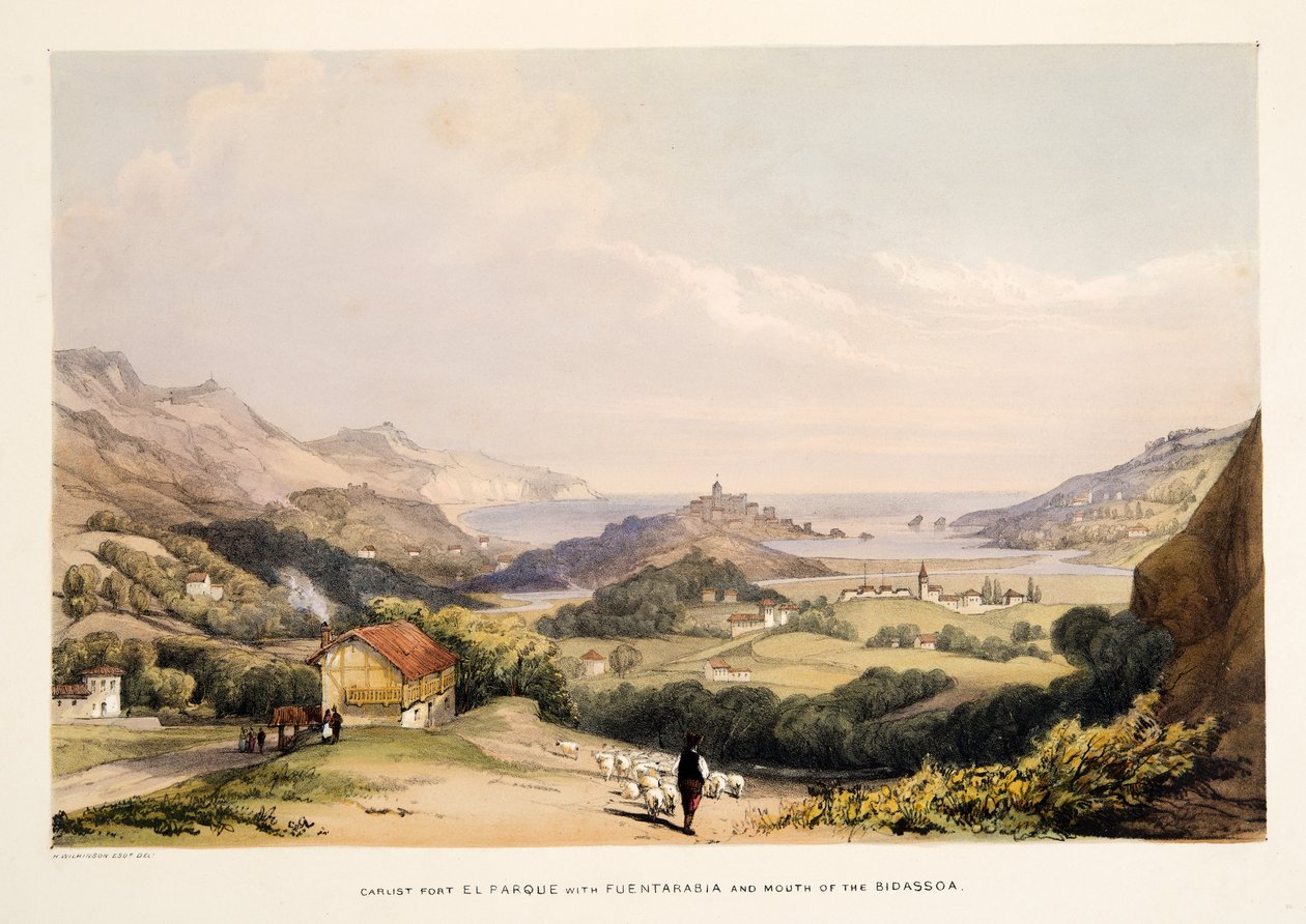 Carlist Fort, El Parque, Fontarabia és Mouth of the Bidassoa, a Díszletrajzok Spanyolország baszk tartományaiból, válogatott nemzeti zenével ?, kocsma. 1838 (kézzel színezett metszet) alkotó: Henry Wilkinson