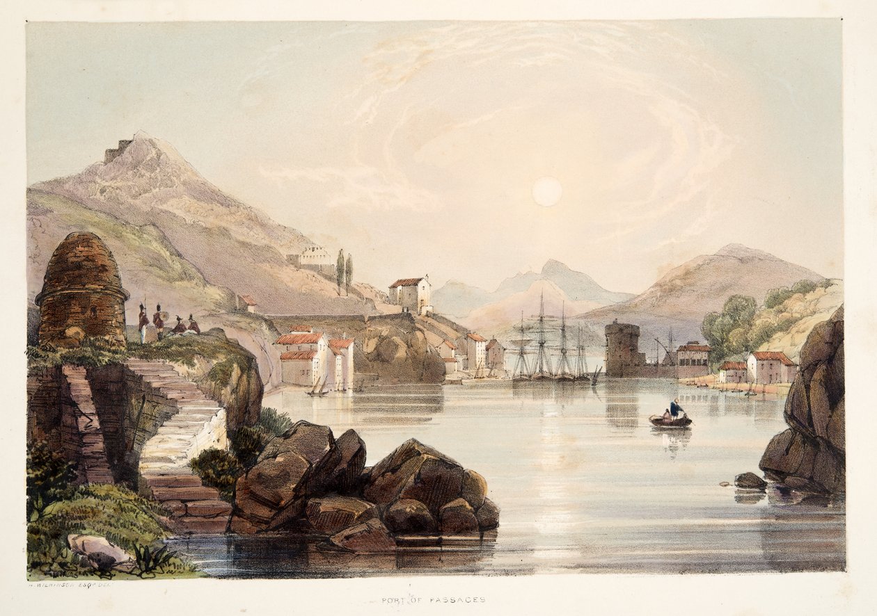 Port of Passages, a Díszletrajzok Spanyolország baszk tartományaiból, válogatott nemzeti zenével ?, kocsma. 1838 (kézzel színezett metszet) alkotó: Henry Wilkinson