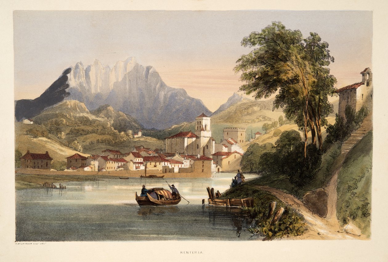 Renteria, a Díszletrajzok Spanyolország baszk tartományaiból, válogatott nemzeti zenével ?, kocsma. 1838 (kézzel színezett metszet) alkotó: Henry Wilkinson