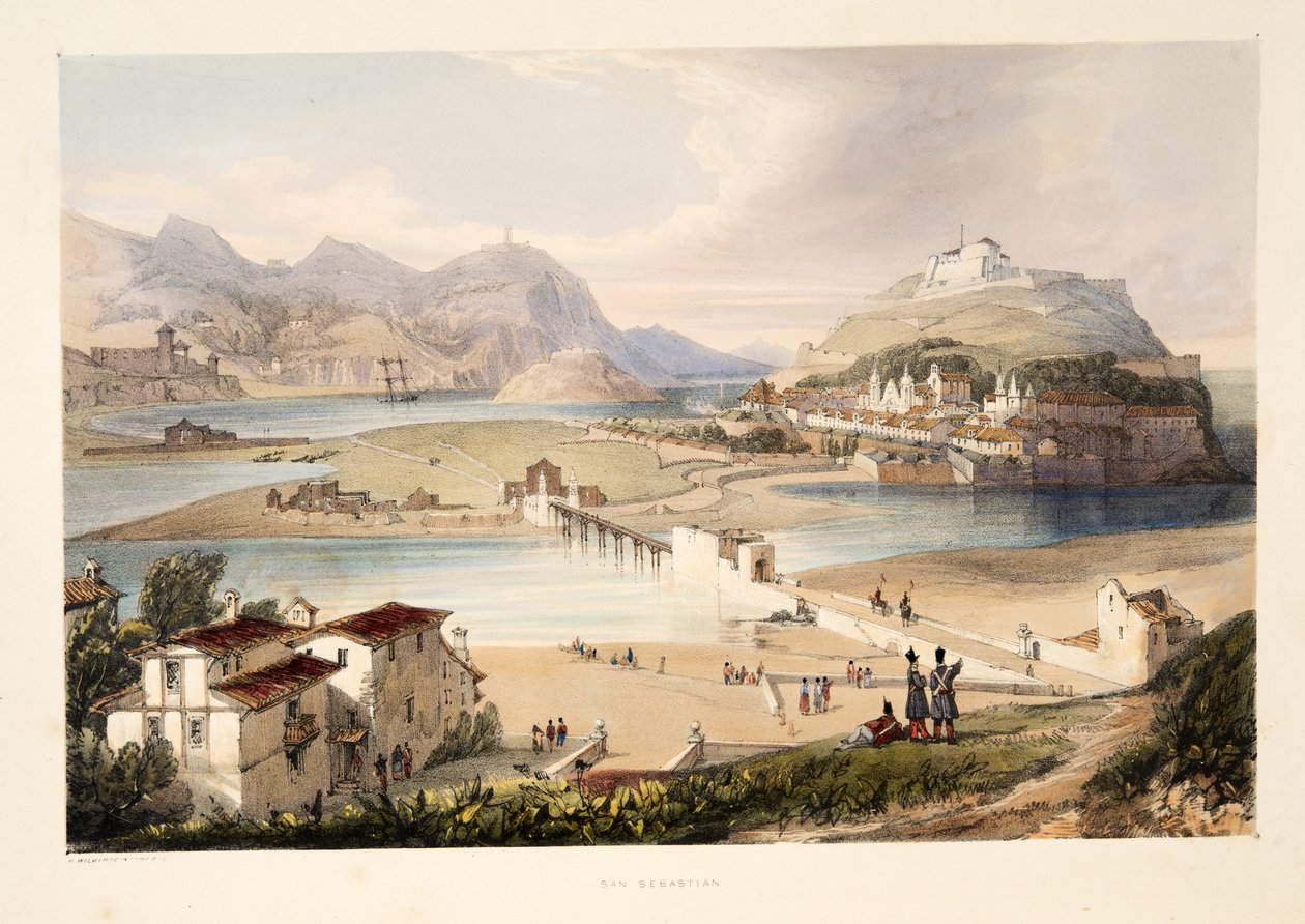 San Sebastian, a Díszletrajzok Spanyolország baszk tartományaiból, válogatott nemzeti zenével ?, kocsma. 1838 (kézzel színezett metszet) alkotó: Henry Wilkinson