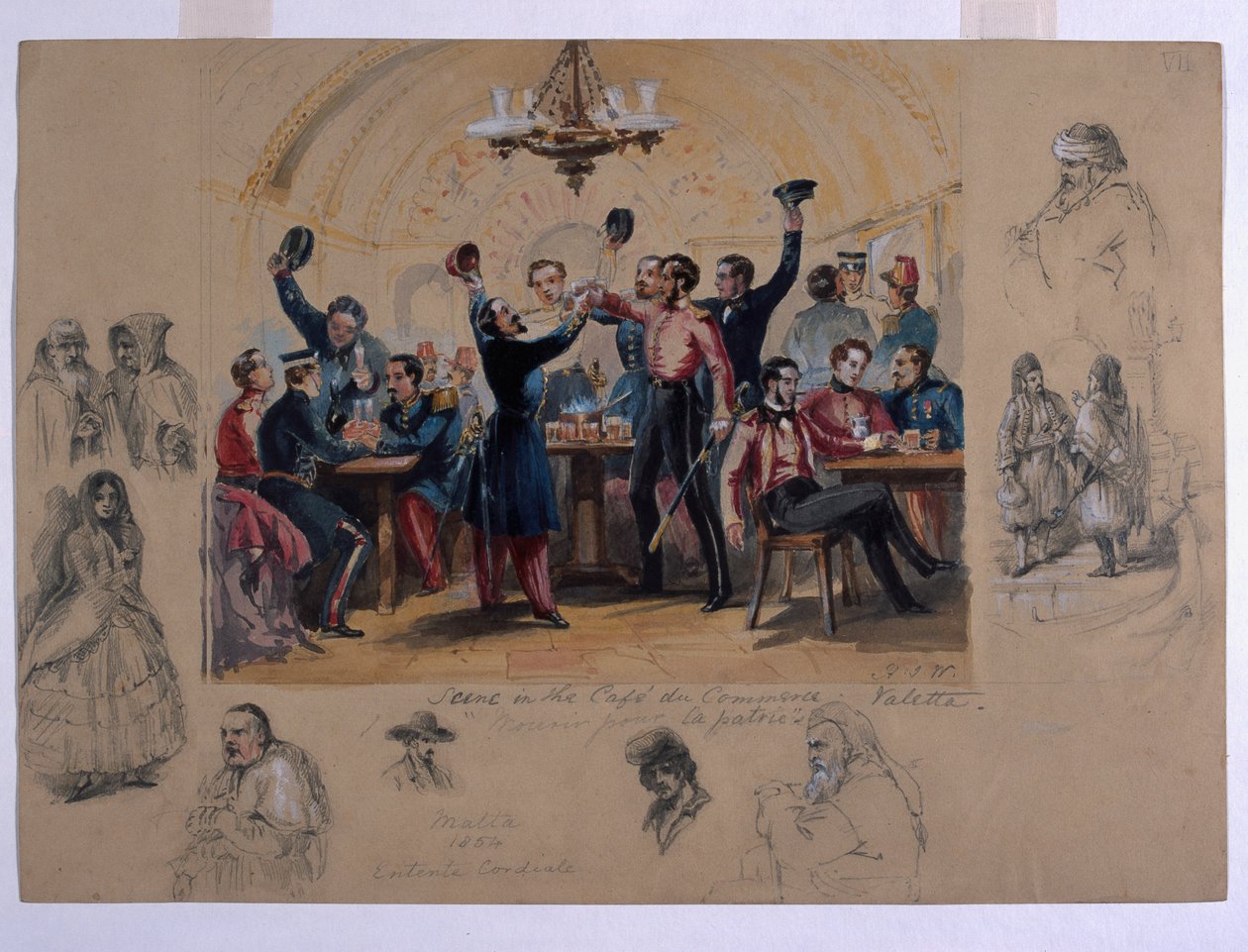 Jelenet a Cafe du Commerce Valetta-ban, „Dying for the Fatherland”, Málta, 1854 (wc és ceruza papíron) alkotó: Henry Wilkinson