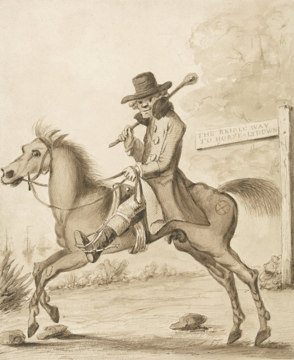 Illusztráció: H. Bunbury, An Academy for Grown Horsemen: A Bit of Blood (toll és tinta mosással a papíron) alkotó: Henry William Bunbury