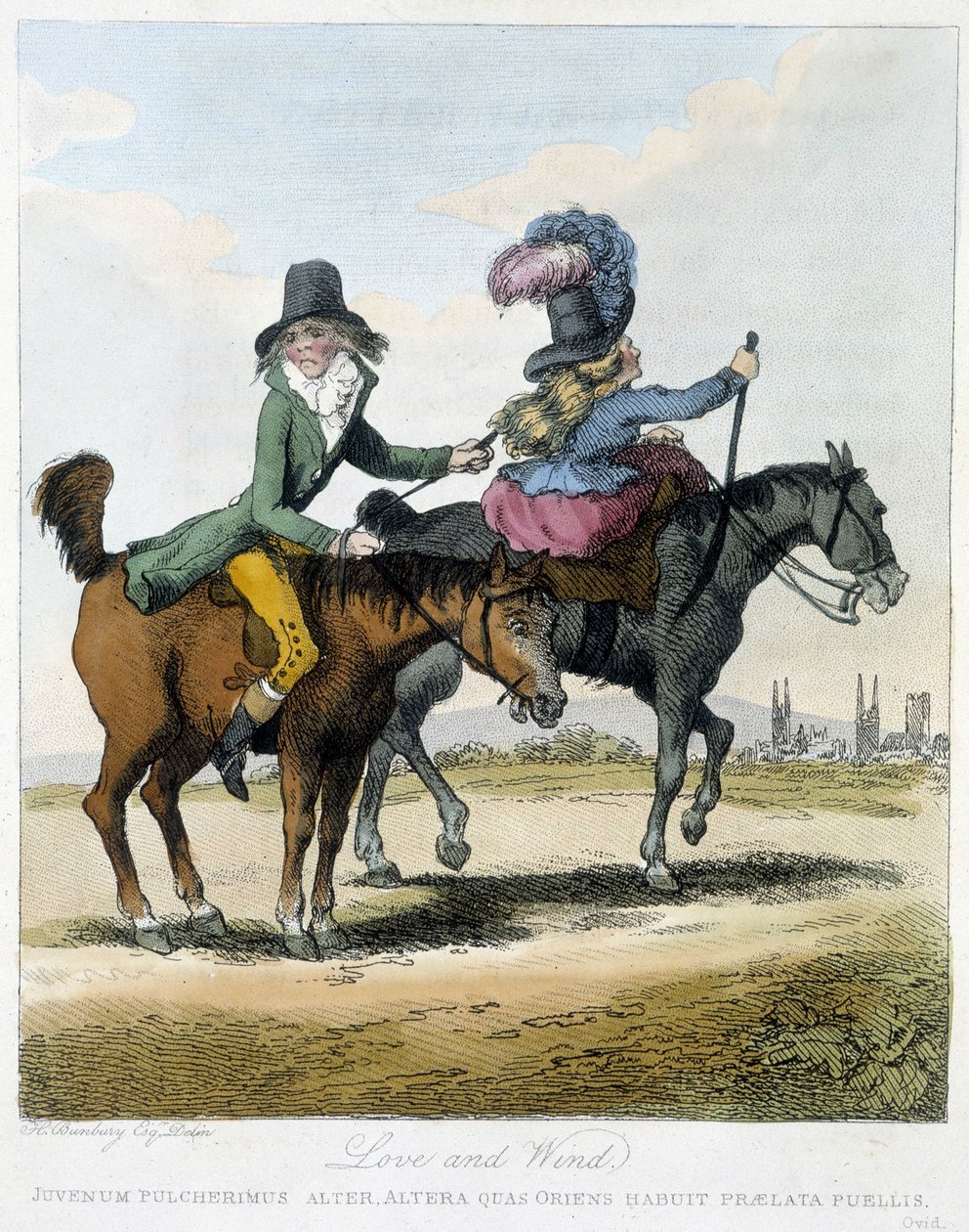 Szerelem és szél - in „” Caricatures anglaise sur les manners de riding a horse”, ill. H. W. Bunbury, szerk. John Stockdale alkotó: Henry William Bunbury