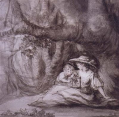 Ülő nő és gyermek egy ketrecbe zárt madárral, (rajz) alkotó: Henry William Bunbury
