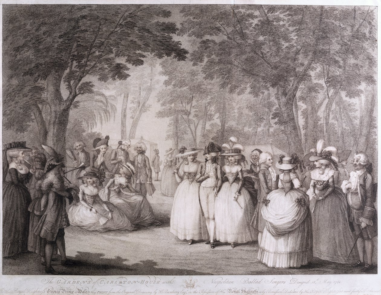 The Gardens of Carlton House nápolyi balladaénekesekkel, William Dickinson (1746-1823) metszetével, 1784 alkotó: Henry William Bunbury