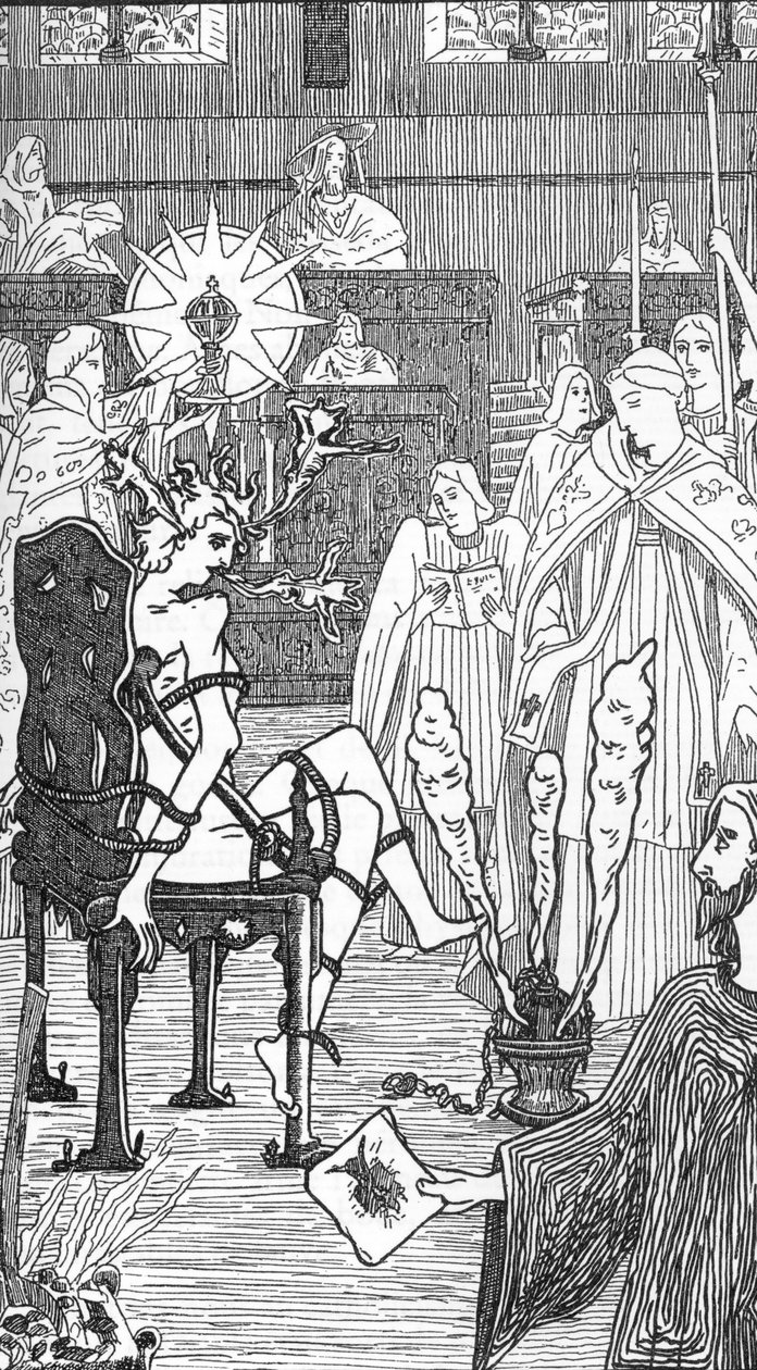 Egy ördögűzési szertartás ábrázolása Henry de Malvost rajza Jules Bois „Sátánizmus és mágia” című könyvéből 1895 Magángyűjtemény alkotó: Henry de Malvost