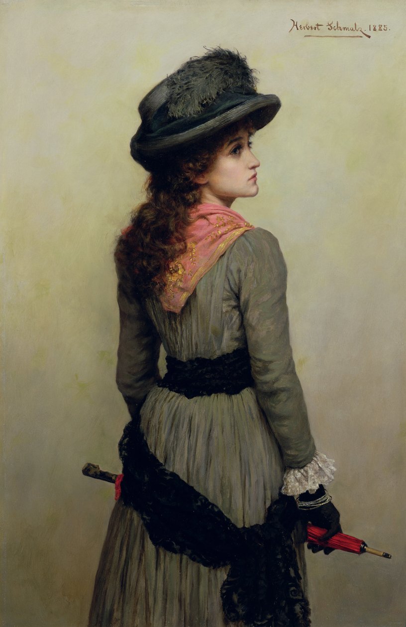 Denise - fiatal lány portréja piros esernyővel, 1885 alkotó: Herbert Gustave Schmalz