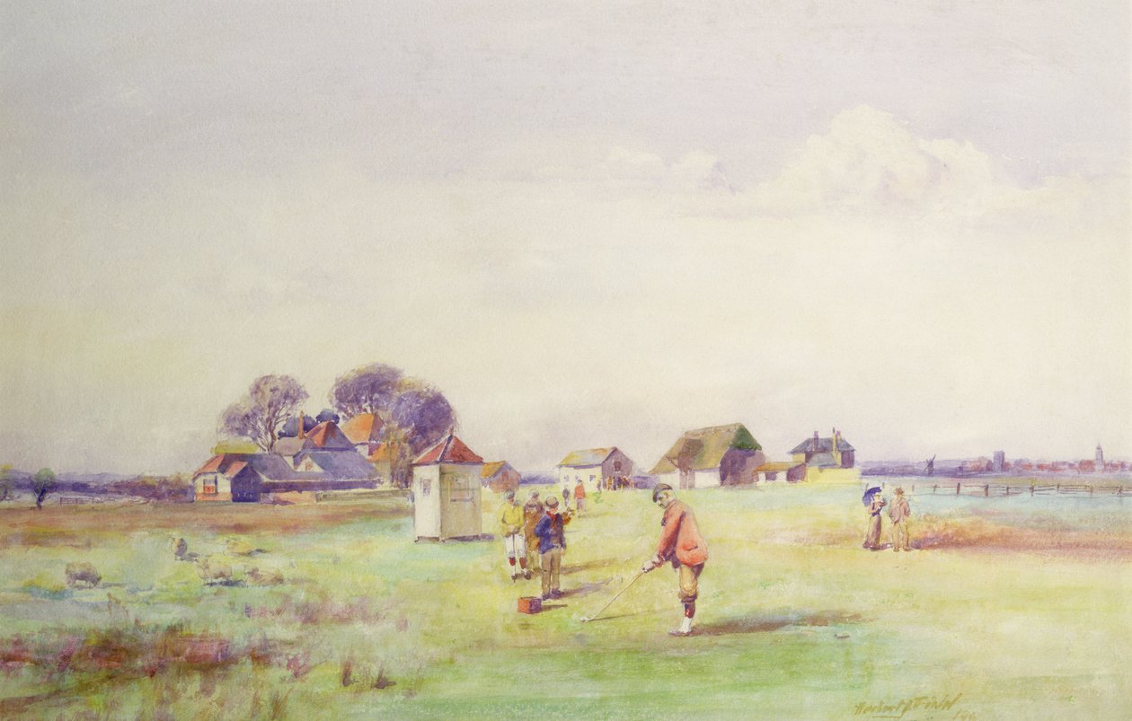 Az első tee a Royal St. Georges-ban, Sandwich, 1910 (wc) alkotó: Herbert John Finn