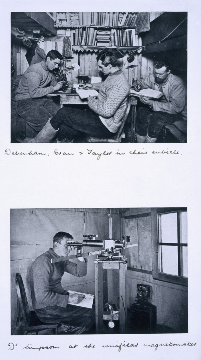 Felül: Debenham, Gran és Taylor a fülkéjükben. Alul: Dr. Simpson az unifiláris magnetométernél. Scott utolsó expedíciója, téli utazás, 1911. június 27. és augusztus 1. között alkotó: Herbert Ponting