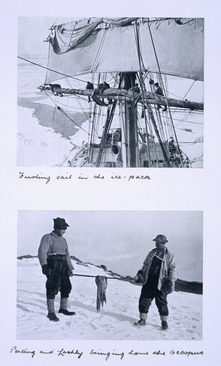 Fent: A Terra Nova vitorlájának felhúzása a jégtakaróban. Alul: Ponting és Lashly hazahozza a polipot. a "Scott utolsó expedíciójából". alkotó: Herbert Ponting