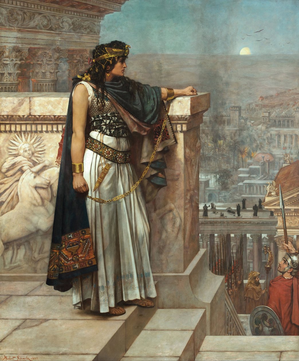 Római ókor: "Zenobia utolsó pillantása Palmürára"" Palmürai császárné Septimia Bathzabbai Zenobia Aurelianus római császár elfogta, el kell hagynia királyságát, 272"" Herbert Gustave Schmalz (1856-1935) festménye 1888-as művészeti galéria oh alkotó: Herbert Gustave Schmalz