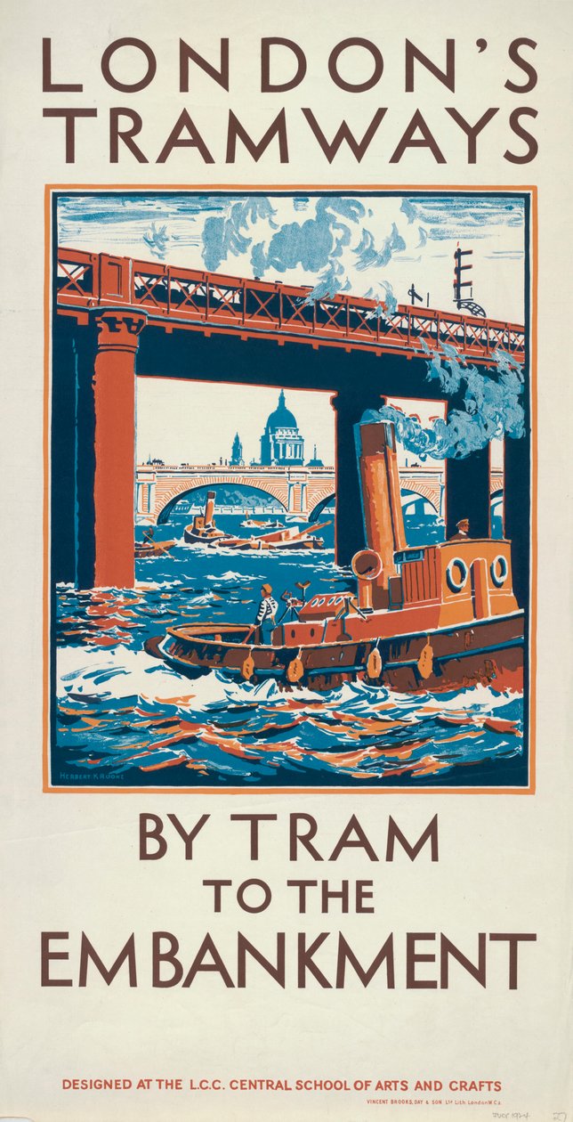 "By Tram to the Embankment", London County Council LCC Tramways plakát, 1924 alkotó: Herbert Kerr Rooke
