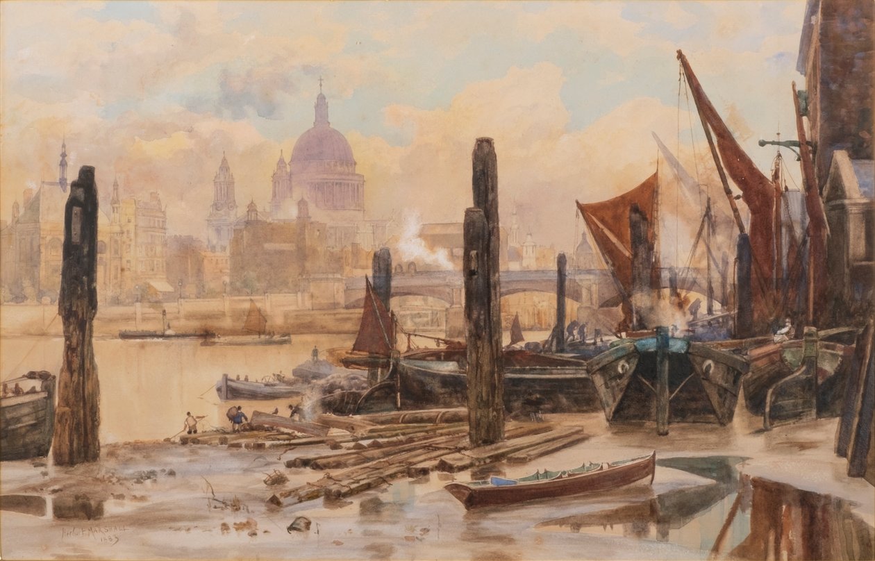 Horgonyzó Temze uszályok; a távolban a St Pauls és a Blackfriars híd alkotó: Herbert Menzies Marshall