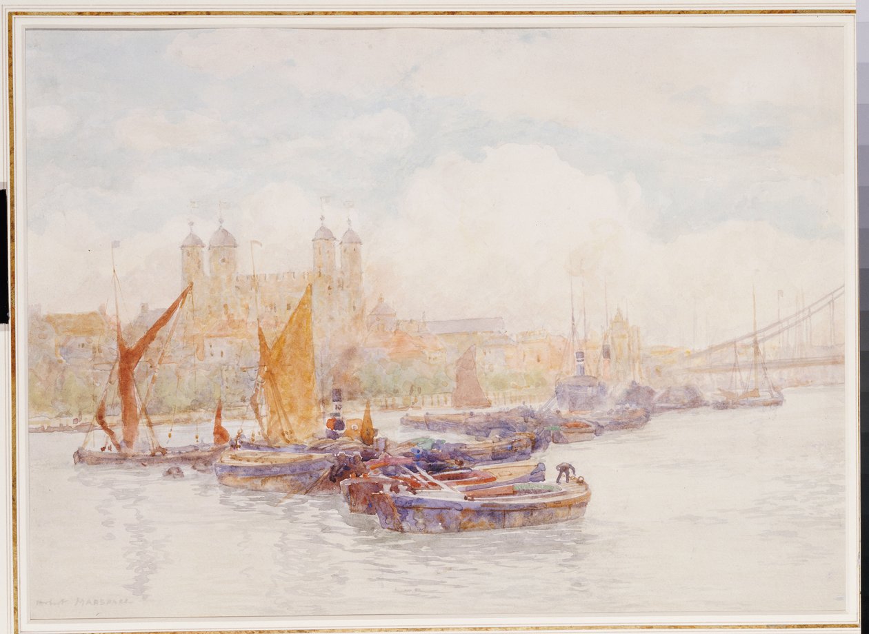 A londoni Tower a Temzétől, a szállítással az előtérben alkotó: Herbert Menzies Marshall