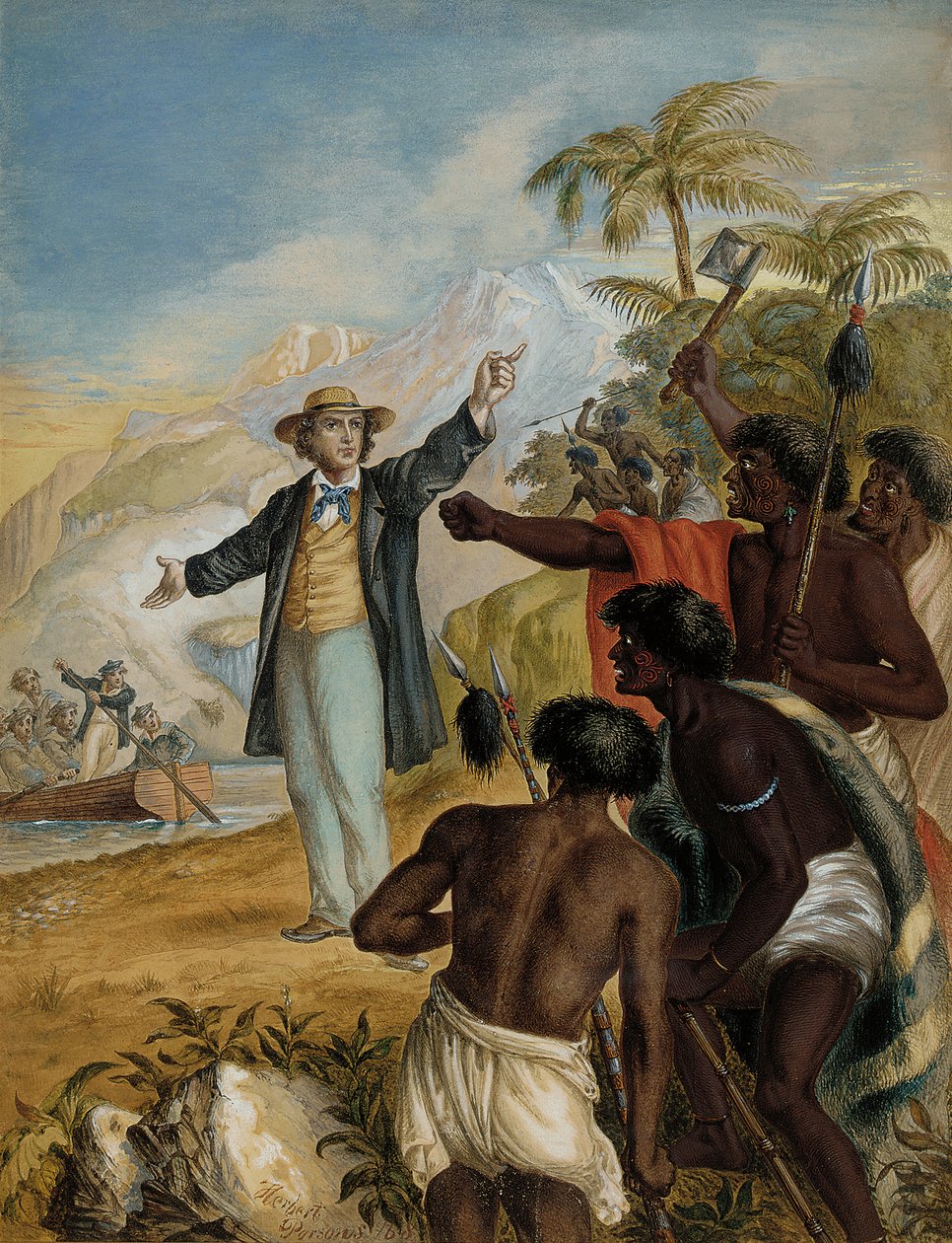 Egy skót misszionárius a partra szállva harcoló maorikkal száll szembe, 1868 alkotó: Herbert Parsons