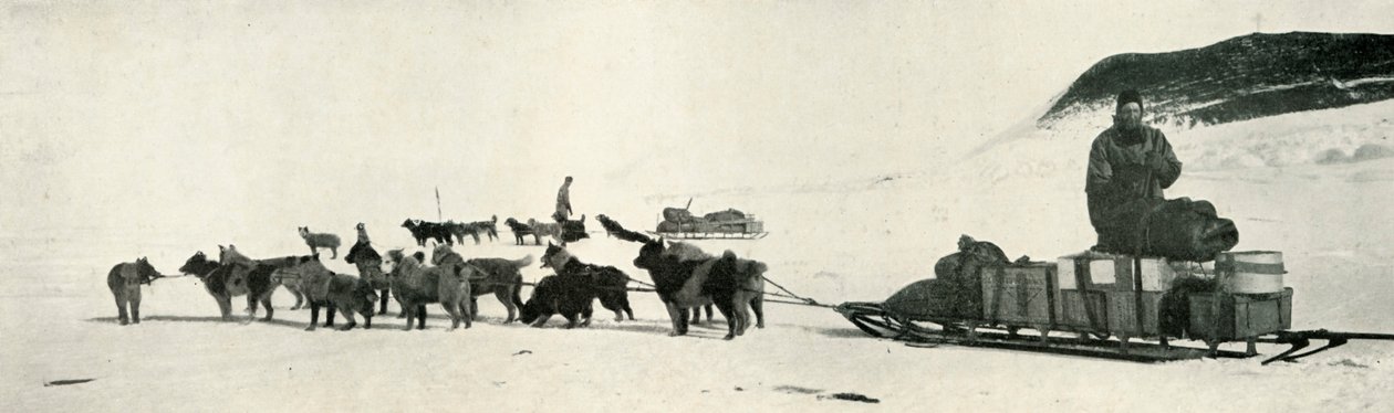 Meares és Demetri kutyacsapataikkal elhagyják a kunyhópontot, c1911, 1913 alkotó: Herbert Ponting