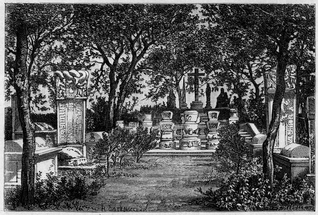 Matteo Ricci (1552-1610) jezsuita (1552-1610) és Adam Schall von Bell (1592-1666) szobrai Pekinben (Peking) 1870-ben. Metszet Catenacci rajza után, Thomson fényképe után, a Le Tour du Monde-ban , Nouveau Journal des Voyages””, szerkesztette alkotó: Hercule (after) Catenacci
