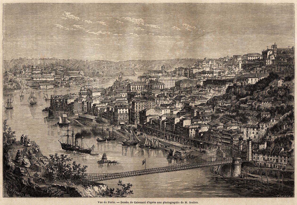 Porto látképe, Catenacci rajza, Olivier Merson 1857-es, Portugália északi tartományaiba tett utazásának illusztrálására. Metszet a "Le tour du monde" 1861-es számában. Selva gyűjteménye. alkotó: Hercule (after) Catenacci