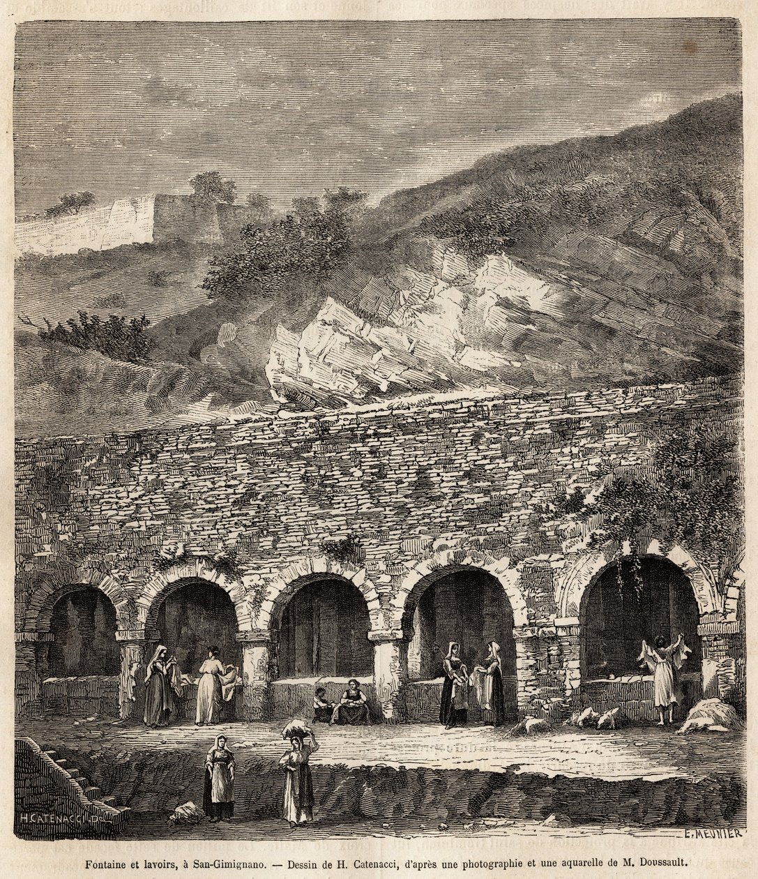 Nők San Gimignano szökőkútjánál és mosóhelyiségénél (Toszkána, Olaszország). Metszet H. Catenacci rajza után, a toszkánai és umbriai utazás szemléltetésére, Francis Wey 1875-ben, megjelent a „” Le tour du monde”” 1876-ban, szerkesztette Edouard Cha alkotó: Hercule (after) Catenacci
