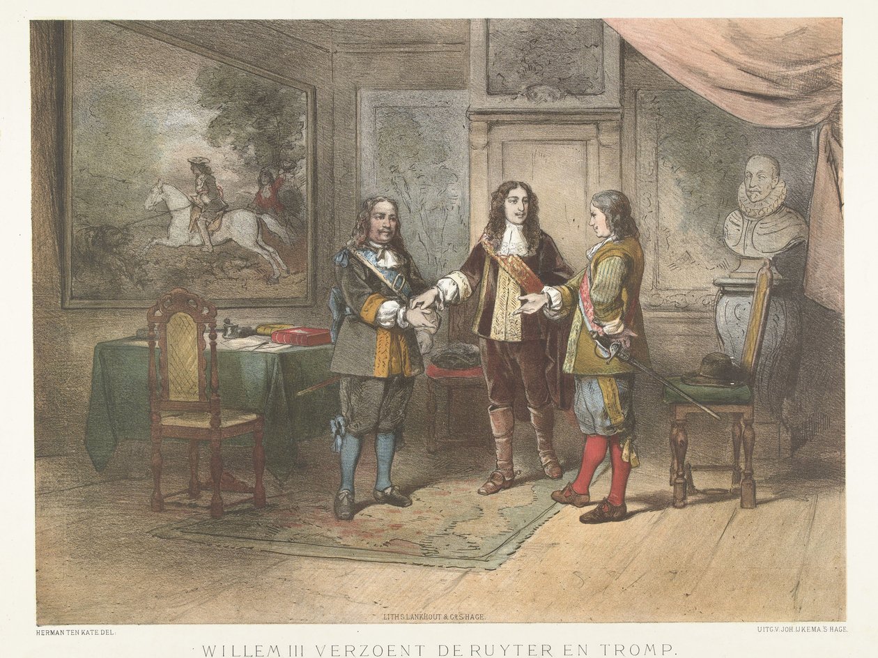 Vilmos herceg kibékíti Michiel de Ruytert és Cornelis Trompot, 1673 Willem III kibékíti de Ruytert és Trompot (cím a tárgyon) alkotó: Herman Frederik Carel ten Kate