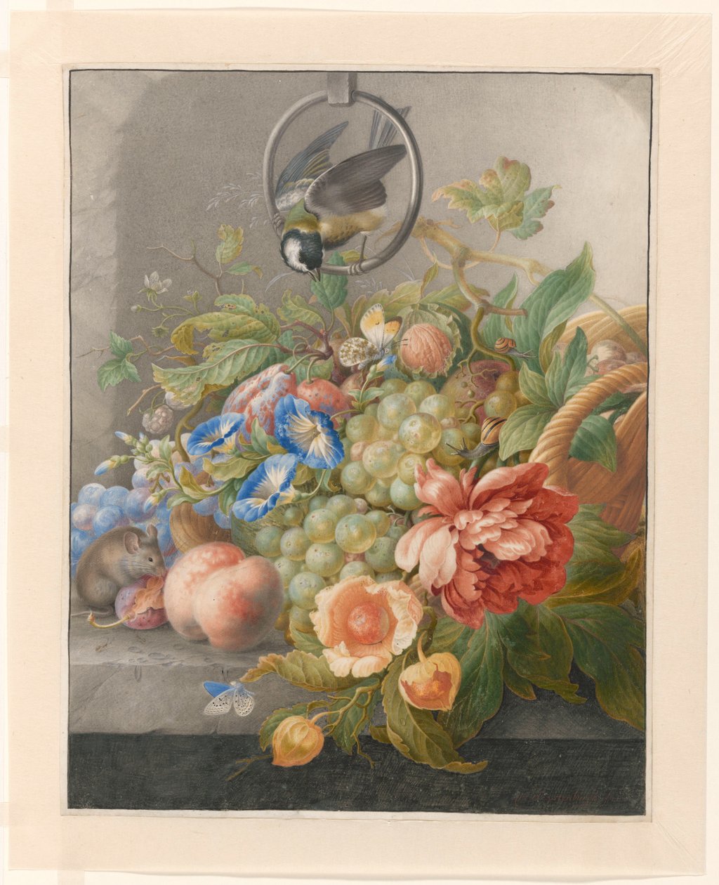 Csendélet virágokkal, gyümölccsel, széncineggel és egérrel Csendélet virágokkal, gyümölcsökkel, széncineggel és egérrel alkotó: Herman Henstenburgh