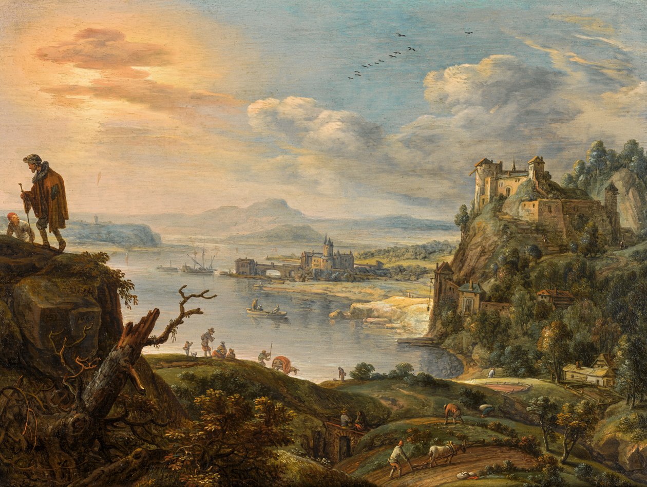 Kiterjedt hegyvidéki táj, kilátással egy folyóvölgyre alkotó: Herman Saftleven
