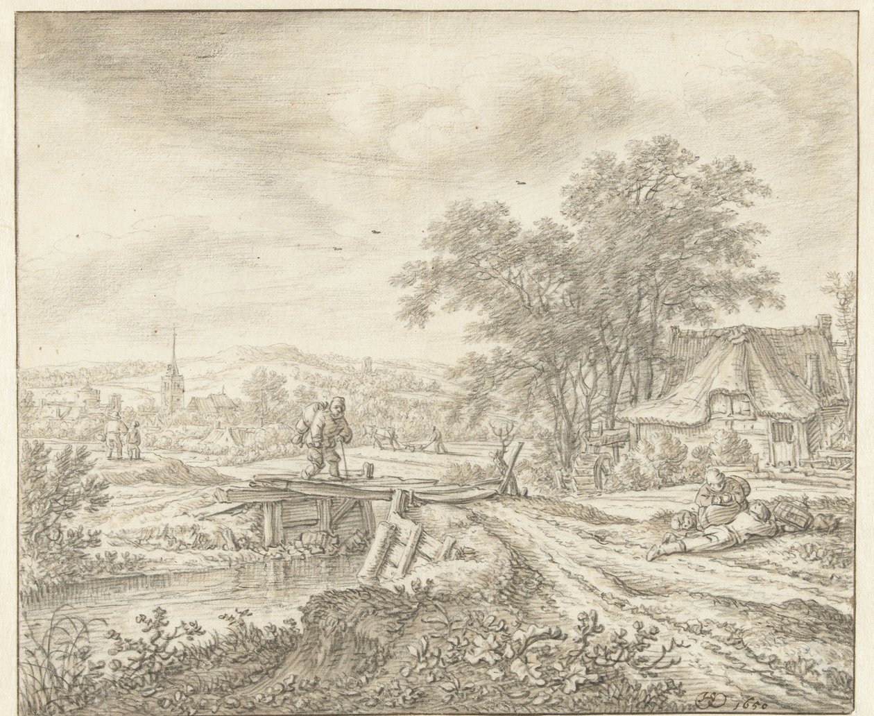 Dombos táj farmtal a híd mellett alkotó: Herman Saftleven