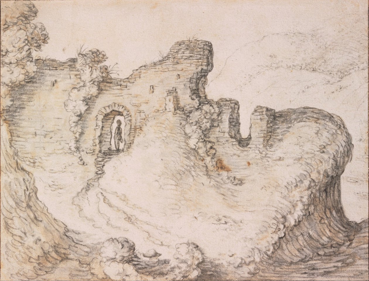 Sziklás táj romokkal, férfiarc profilját alkotva, c. 1650 alkotó: Herman Saftleven