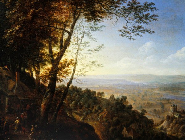 Erdős táj parasztokkal egy házikó mellett (olaj, panel) alkotó: Herman the Younger Saftleven