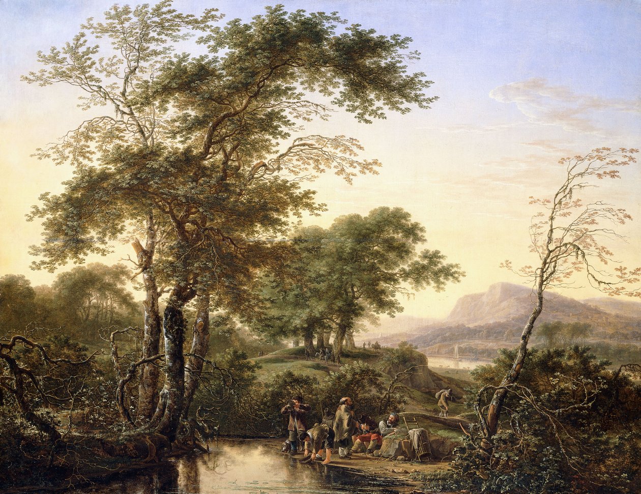 Kiterjedt olaszos folyótáj egy medence mellett utazókkal, 1646 alkotó: Herman the Younger Saftleven