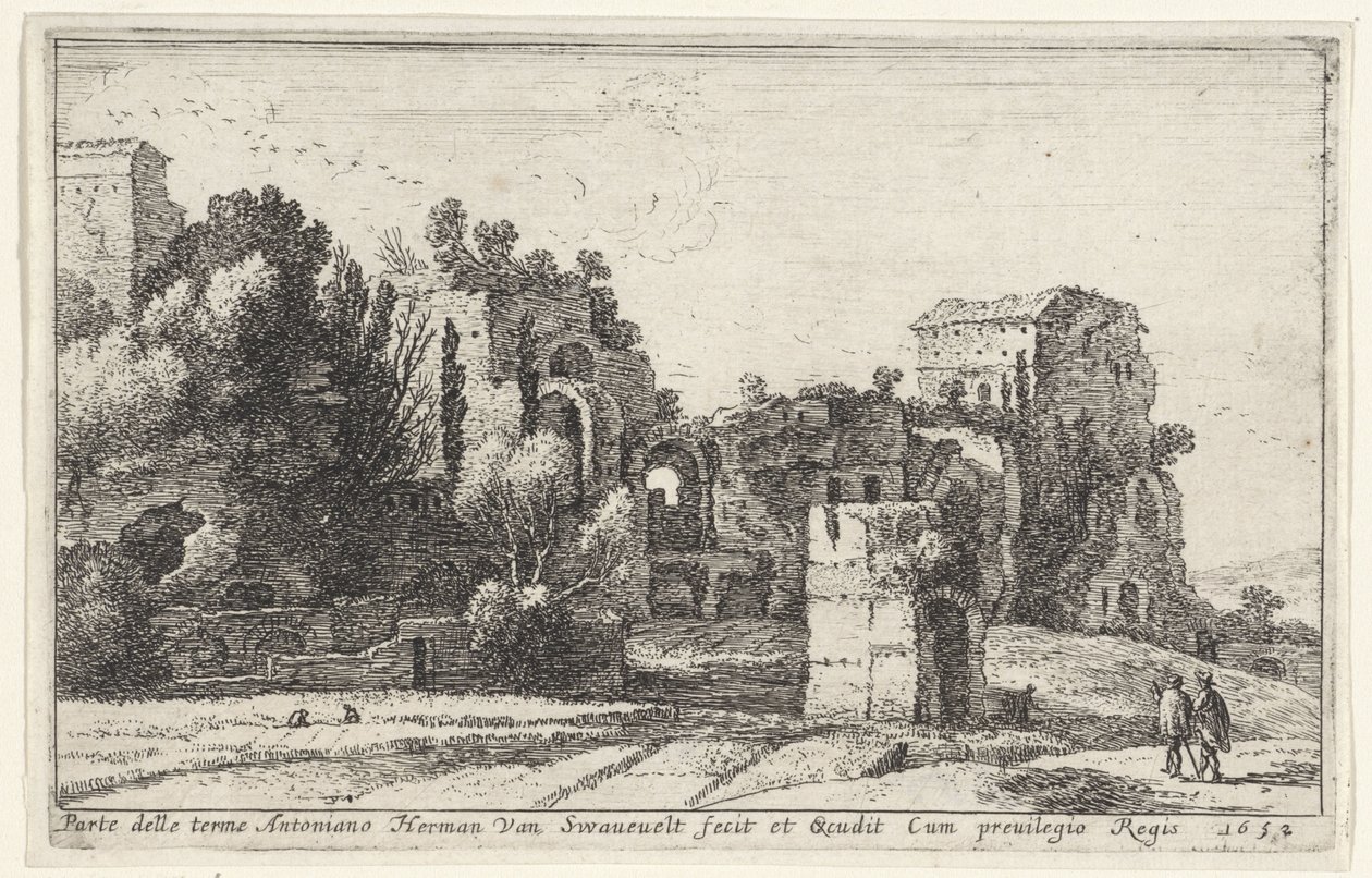 Kilátás Caracalla fürdőjére Parte delle terme Antoniano (cím a tárgyon) Címlap és tizenkét nézet Rómáról és környékéről (sorozat címe) Diverse veuës dedans et dehors de Rome (sorozat címe) alkotó: Herman van Swanevelt