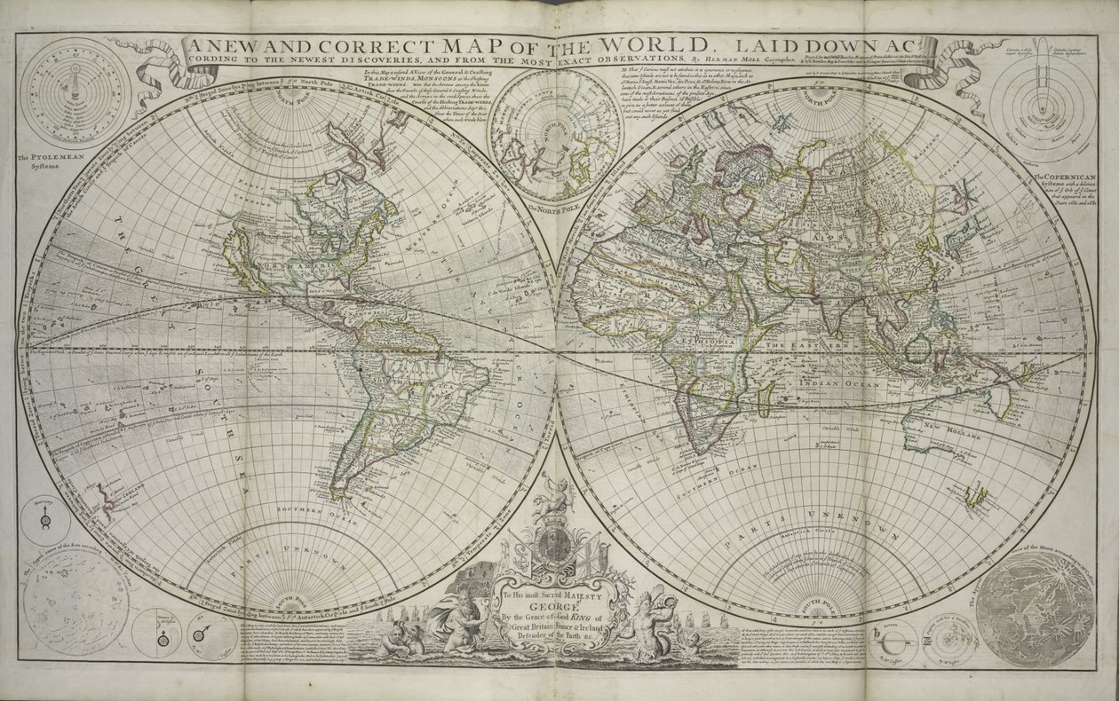 A világ új és helyes térképe a legújabb felfedezések és a legpontosabb megfigyelések alapján, 1736 (kézi színes nyomtatás) alkotó: Hermann Moll