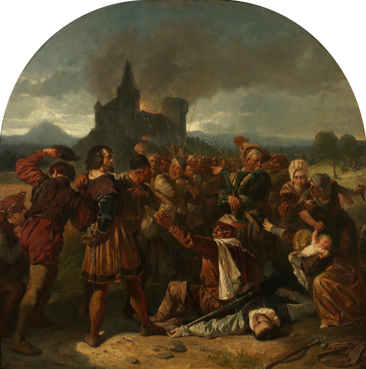 Epizód a német parasztháborúból (Helfenstein gróf égő kastélya lábánál, parasztok gúnyolták) alkotó: Hermann Eichler
